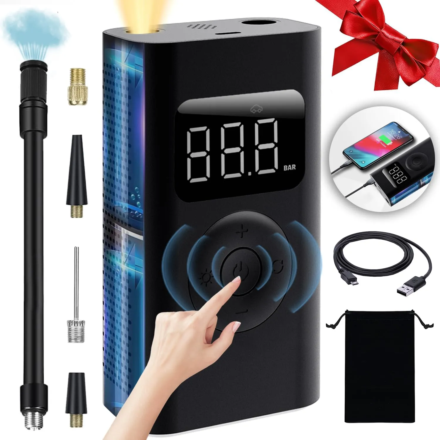 Tire Inflator Portable Air Compressor 150PSI Cordless Tire Inflator Air Pump for Car Tires with Tire Pressure Gauge,Cool Car Accessories,Smart Pump