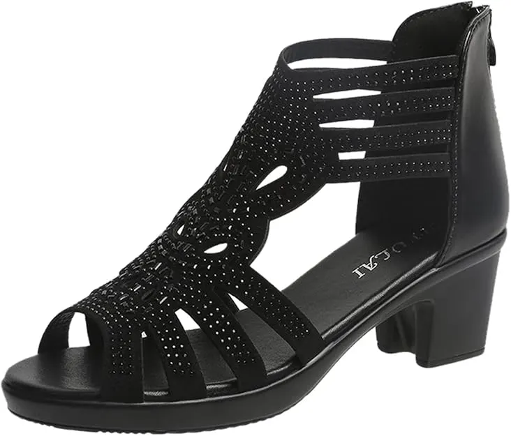 Business Shoes Women's 42 Chunky High Heels Breathable Lacing Rhinestone Shoes Casual Sandals Women's Sandals Black