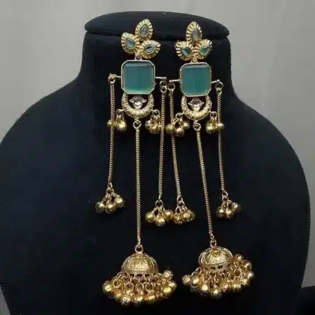 Traditional Gold-Plated Jhumka Earrings with Blue Stone