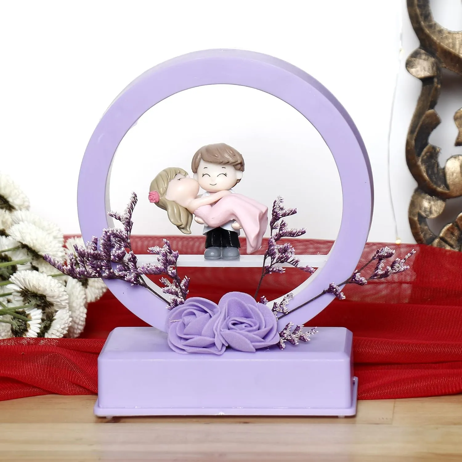 Musical Couple Showpiece with LED Lights | Romantic Hug Couple Miniature Purple (35 x 24 cm) | Valentine Gift for Girlfriend, Wife