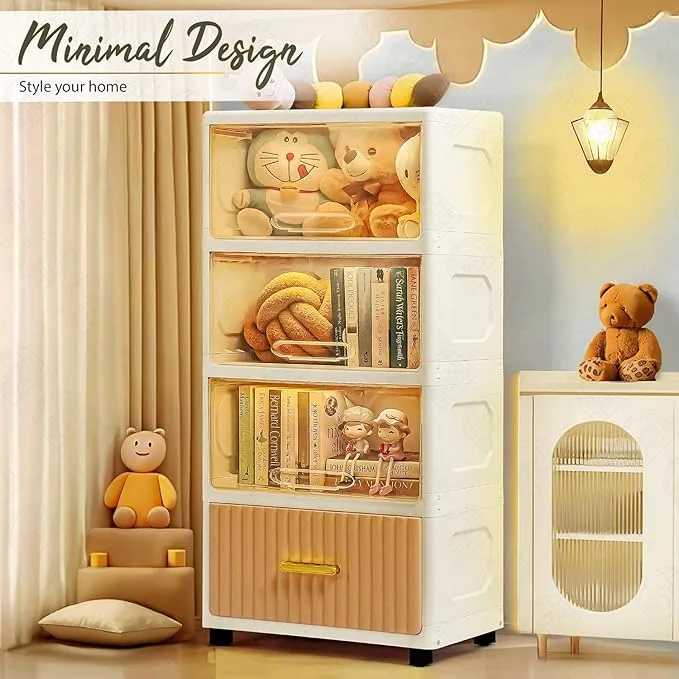 ABOUT SPACE Plastic Wardrobe for Storage - 4 Tier Portable Stackable Plastic Rack with Hidden Door, Multipurpose Storage Organizer for Bedroom, Living Room