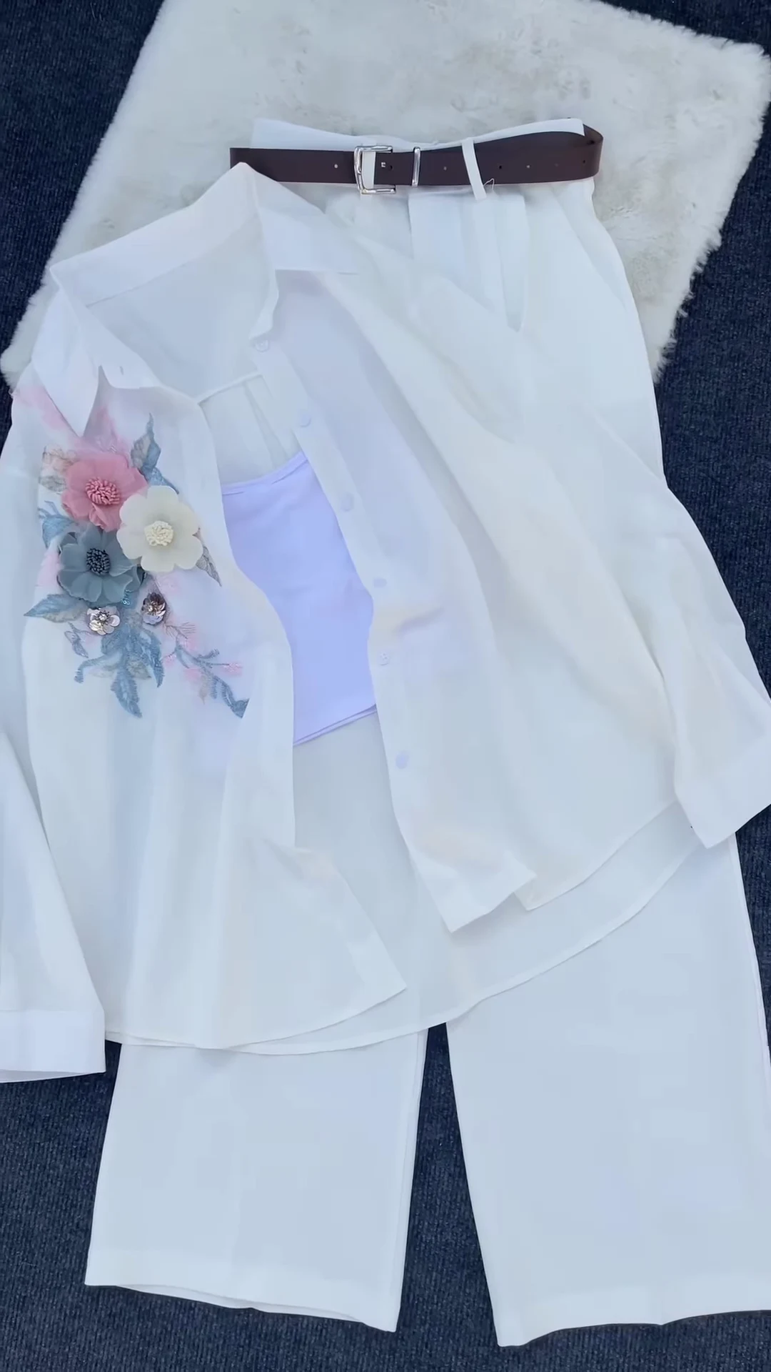 White Floral Embroidered Shirt with Tube Top & Pants