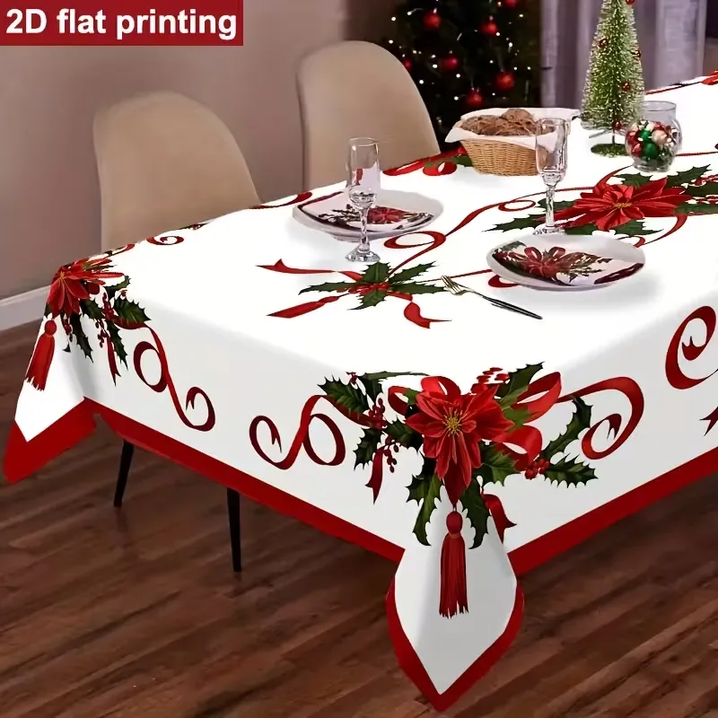 1 Rectangular Christmas Tablecloth - Red, White, and Green Polyester Holiday Table Cover, Suitable for 8/6/4-Seater Dining Tables, New Year Party Decoration, Machine Washable, Easy to Clean, with Tass