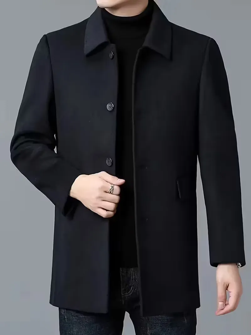 2025 American Style New Men'S Casual Classic Versatile Solid Color Trench Coat with Double Side Pockets, Simple Design, Stylish Dad Look, Wrinkle-Resistant, Easy Care