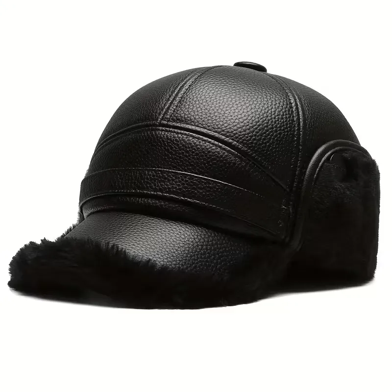 Men'S Winter Warm Fleece-Lined Hat, Made of Synthetic Leather with a Multifunctional Neck Buckle for Warmth - Suitable for Young to Middle-Aged Individuals.