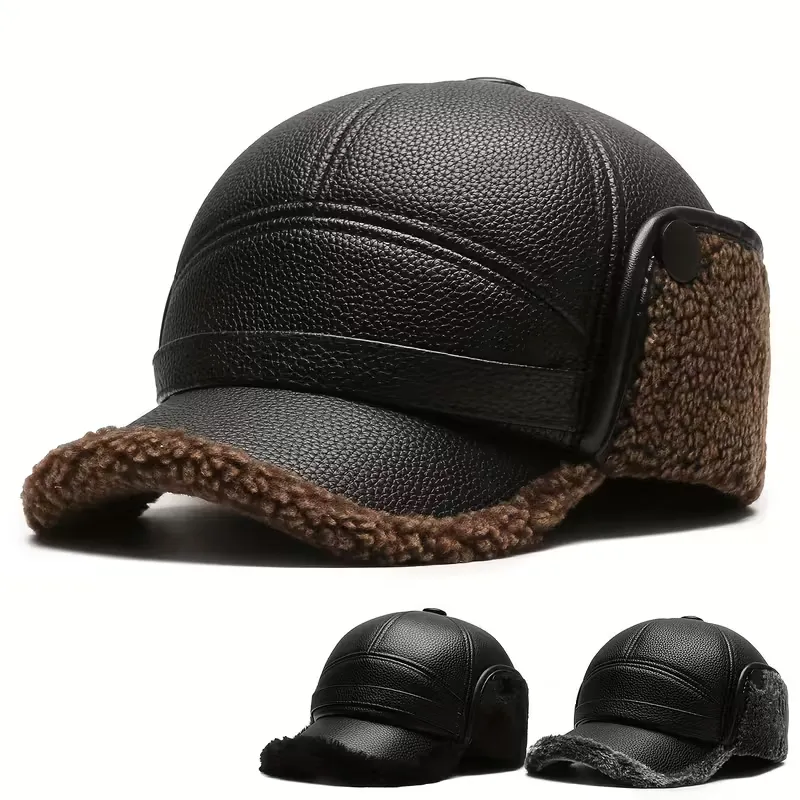Men'S Winter Warm Fleece-Lined Hat, Made of Synthetic Leather with a Multifunctional Neck Buckle for Warmth - Suitable for Young to Middle-Aged Individuals.